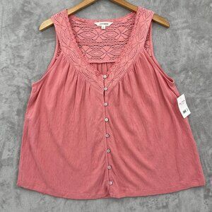 Lucky Brand Boho V-Neck Crochet Lace Trim Button Front Tank Top Pink